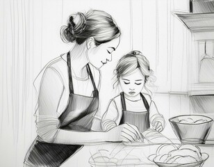 mère et sa fille faisant la cuisine en dessin ia noir et blanc, bonheur en famille