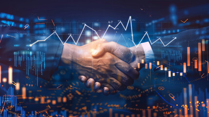 Double exposure image of a handshake with stock market indicators, symbolizing a financial agreement