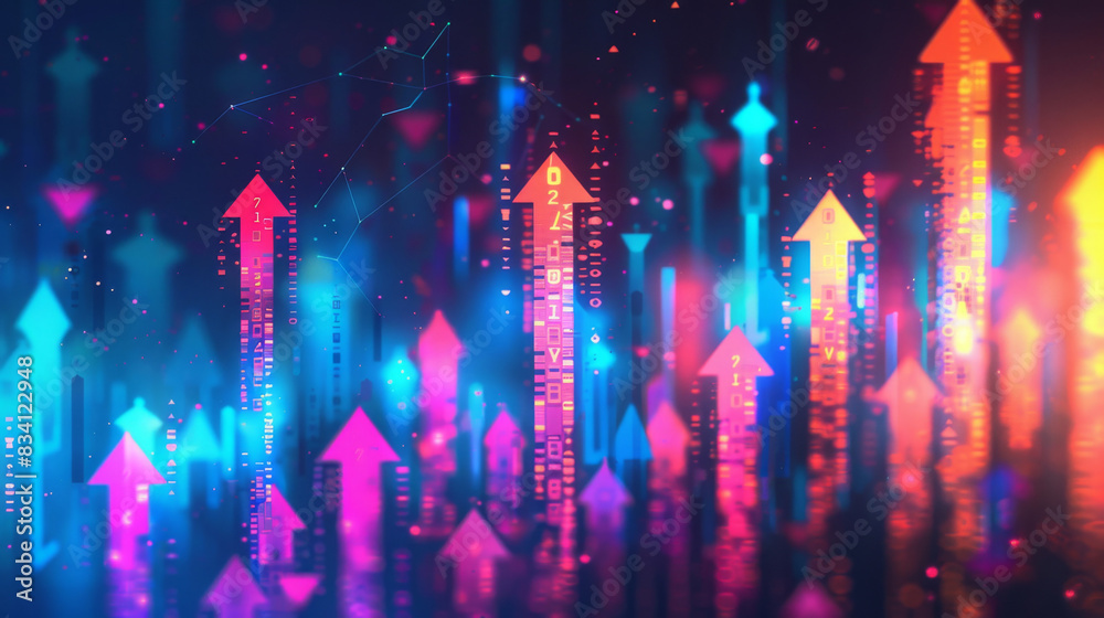 Aufkleber abstract background depicting rising arrows and connected network symbols, symbolizing growth and co