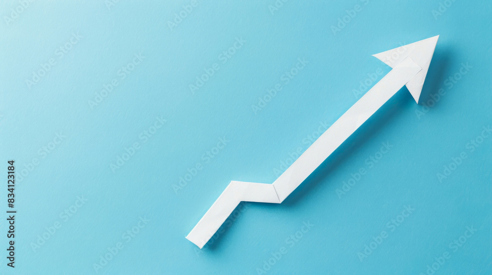 Poster white paper arrow on blue background with conceptual symbolism of growth or success pointing upwards