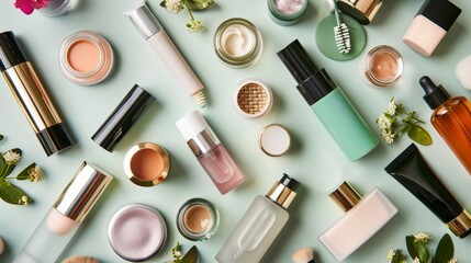 Obraz premium A collection of makeup products are displayed on a table