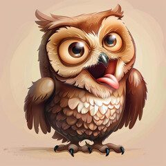 A cartoon owl is smiling and laughing while making a funny face. The image conveys a lighthearted and humorous mood