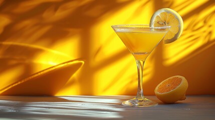 Lemon martini with geometric background, an elegant drink