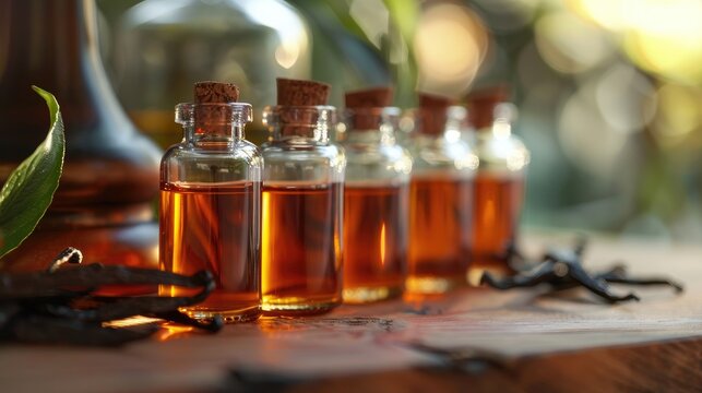 Aromatically scented small vanilla extract bottles placed on the table