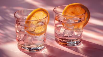 On a pink background, tequila shots with lemon slices