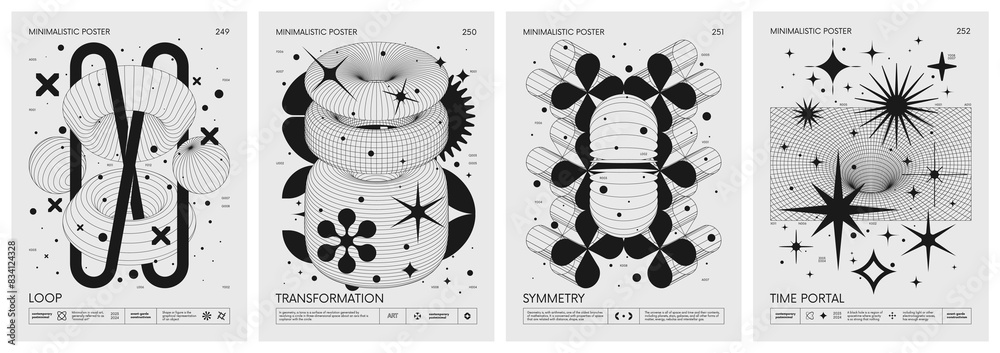 Poster Brutalist style vector minimalistic Posters with silhouette basic figures, Retro futuristic graphic elements of geometrical shapes rave composition, Modern monochrome print artwork, set 63