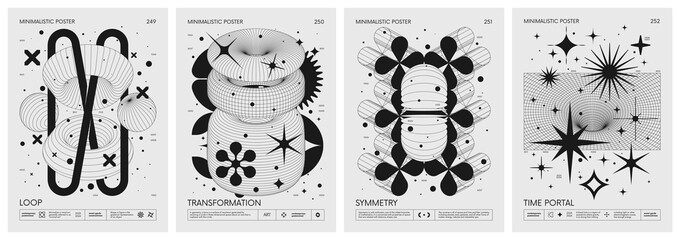 Brutalist style vector minimalistic Posters with silhouette basic figures, Retro futuristic graphic elements of geometrical shapes rave composition, Modern monochrome print artwork, set 63