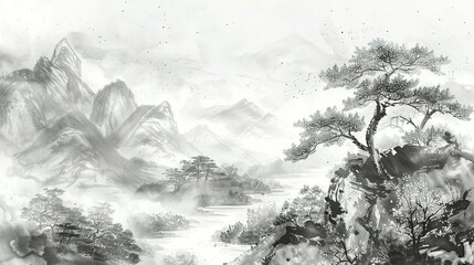 Panoramic Landscape Painting in the New Chinese Style, Embellished with Golden Brushstrokes and Ink Wash Techniques