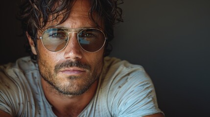 Obraz premium A handsome man is pictured wearing white shorts and sunglasses