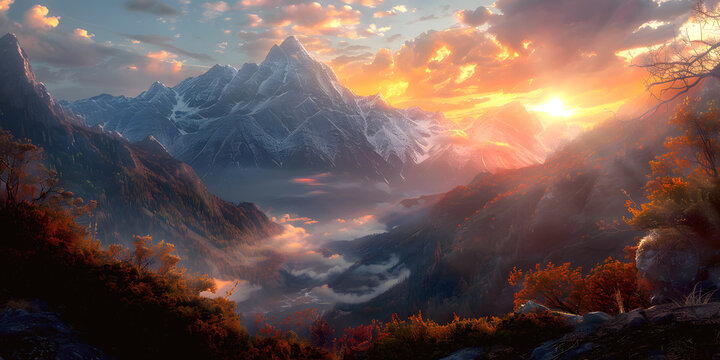 Imagen de un paisaje de monta&ntilde;a con el cielo al atardecer tipo boscoso ideal para fondos 
