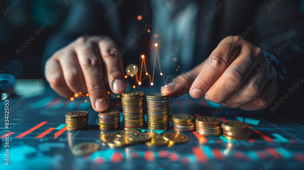 Aufkleber close-up of hands stacking coins with a backdrop of digital financial graphs