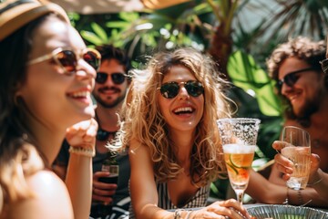 Friends gather in a backyard setting enjoying drinks and good company