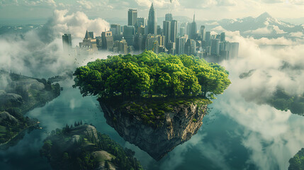 fantasy city of greenery, lush cityscape, green metropolis, eco-city, verdant buildings, urban jungle, nature-infused city, green rooftops, sustainable city, garden city, futuristic green city, nature