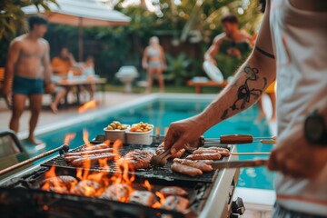 A man grills sausages over an open fire by a pool in a backyard