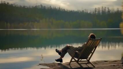 A middle-aged man sits on a wooden chair by a lake, enjoying the serene view of the forested landscape in the afternoon. He wears casual clothes, and the mood is peaceful and reflective.