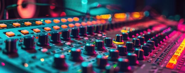Fototapeta premium A close-up view of a colorful professional audio mixing console in a vibrant studio.
