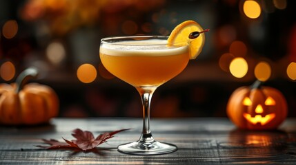 Halloween cocktail on table, tasty drink with lemon, promotional offer at the restaurant