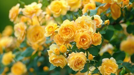 Blooming yellow rose shrubs
