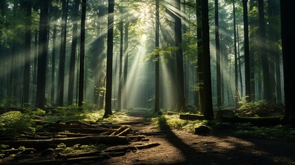 A dense, misty forest with tall trees and a sunbeam filtering through the canopy 
