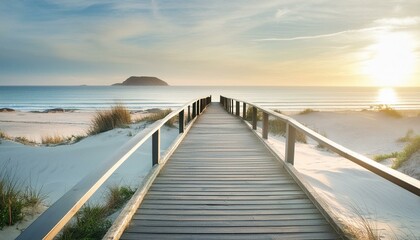 Empty wooden walkway on the ocean coast in the sunset time, pathway to beach