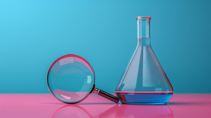 pop art science experiment, pop art style laboratory scene with red magnifying glass and blue chemical flask on table, perfect for science experiment content ideal for adding text
