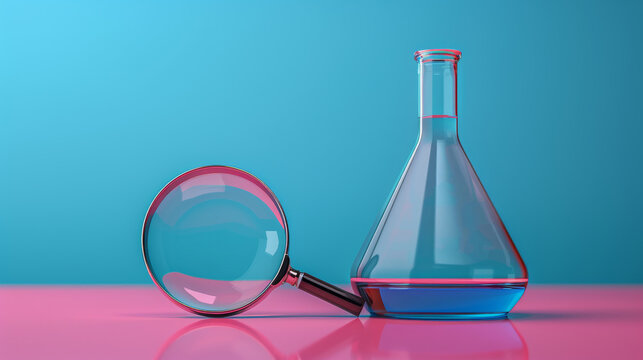 pop art science experiment, pop art style laboratory scene with red magnifying glass and blue chemical flask on table, perfect for science experiment content ideal for adding text