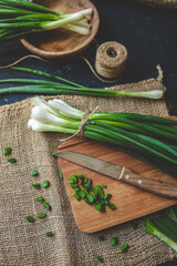 Fresh green onions on a cutting board