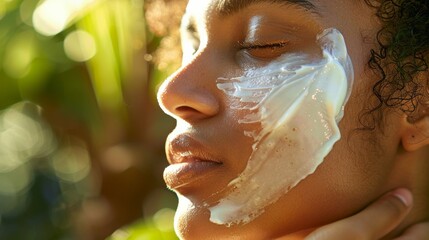 Fototapeta premium A woman is applying a white cream to her face