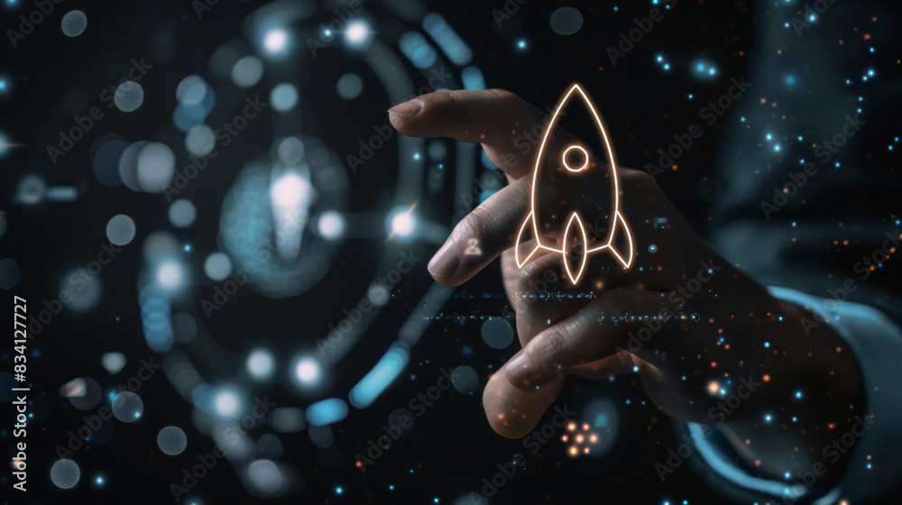 Poster a hand interacts with a holographic interface, symbolizing innovation and digital startup concept