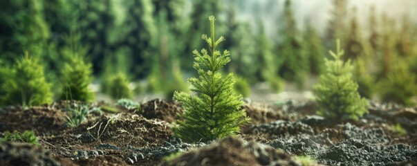 A young pine tree sapling standing upright in brown soil against a blurred forest background, symbolizing growth and the environment.