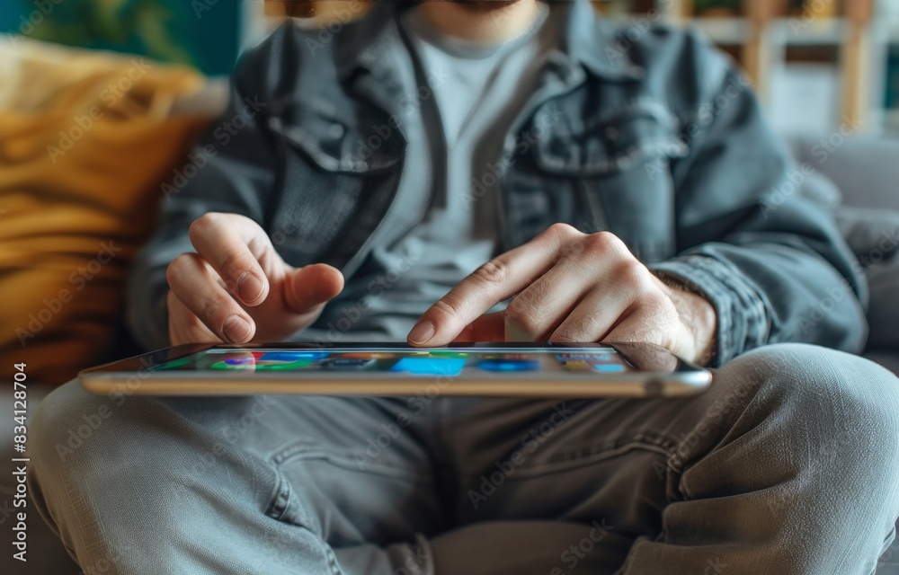 Wall mural person shopping online for a denim jacket on a tablet