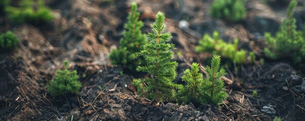 A young pine tree sapling standing upright in brown soil against a blurred forest background, symbolizing growth and the environment.