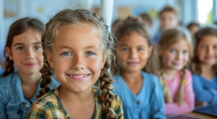 Obraz premium Young Girl Smiling in Classroom With Wind Turbine Model in Background