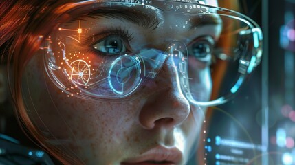 A woman is wearing a pair of glasses with a blue and green screen