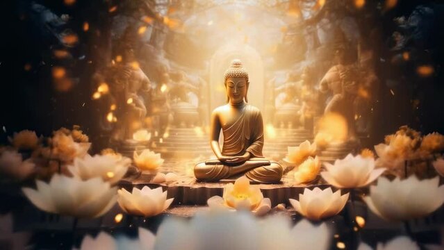 A serene Buddha statue sits among blossoming lotus flowers in soft golden light. The tranquil scene is set in an ornate temple with intricate carvings. The ambiance exudes peace and spirituality