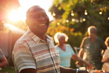 Naklejka premium A man smiles brightly as he enjoys a backyard barbecue with family and friends
