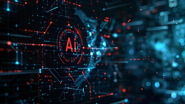 Neon AI text glowing in the dark, digital artificial intelligence banner, technology and innovation businesses, data science and cybernetics industries, web internet concept