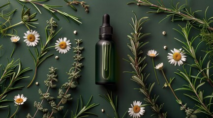 Green Liquid Bottle Surrounded by Flowers