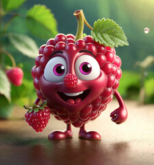 3D animated raspberry character standing among smaller raspberries with water droplets in the background, suitable for creative advertising or entertainment purposes.