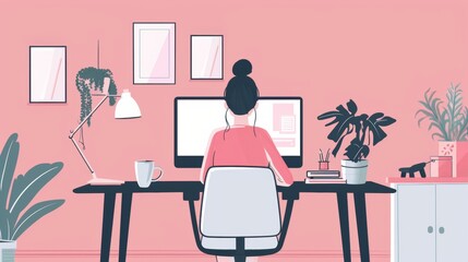 Fototapeta premium A woman is sitting at a desk with a computer monitor and a cup of coffee