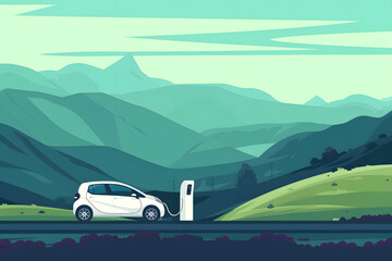 Fototapeta premium Electric car on charging station with green mountains skyline. Battery EV vehicle plugged and getting electricity from renewable power generation station.