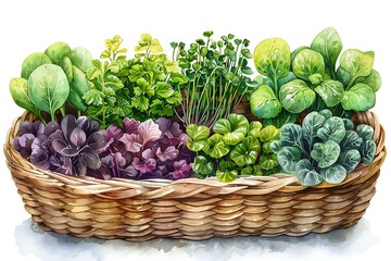 Watercolor illustration of a wicker basket filled with various types of green plants.