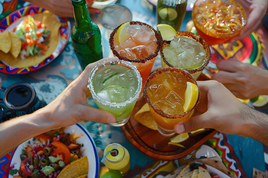 national margarita day with friends enjoying margaritas and mexican food. generative ai