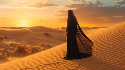 A woman in a black abaya dress stands in a desert during sunset. Her face is hidden by a gold veil...