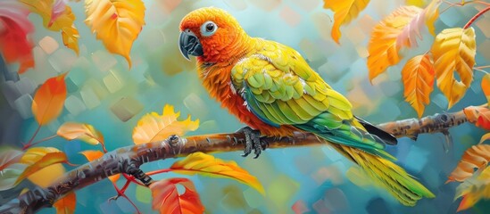 Colorful parrot perched on branch amidst autumn leaves