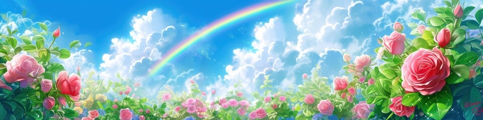 Naklejka premium Colorful landscape with rainbow roses and blue sky