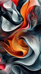 Dynamic 3D render of contemporary abstract art, featuring intricate patterns, overlapping shapes, and vibrant colors that blend seamlessly to create a visually captivating scene, framed in a vertical