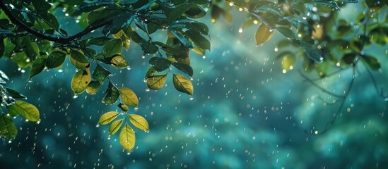 Rain-soaked leaves in a summer forest