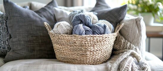 Gray yarn in wicker basket on sofa
