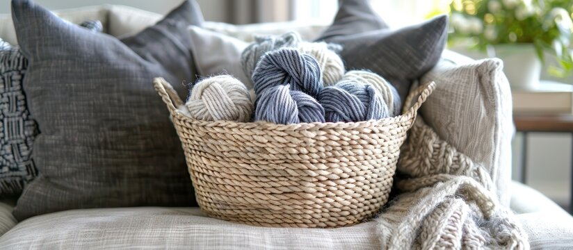 Gray yarn in wicker basket on sofa